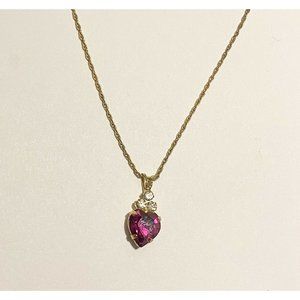 Vintage Heart Shaped Pink Jewel Pendant With Gold Tone Chain